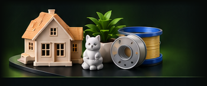 3D Printed House, Planter, Cat Figurine and Filament Spools